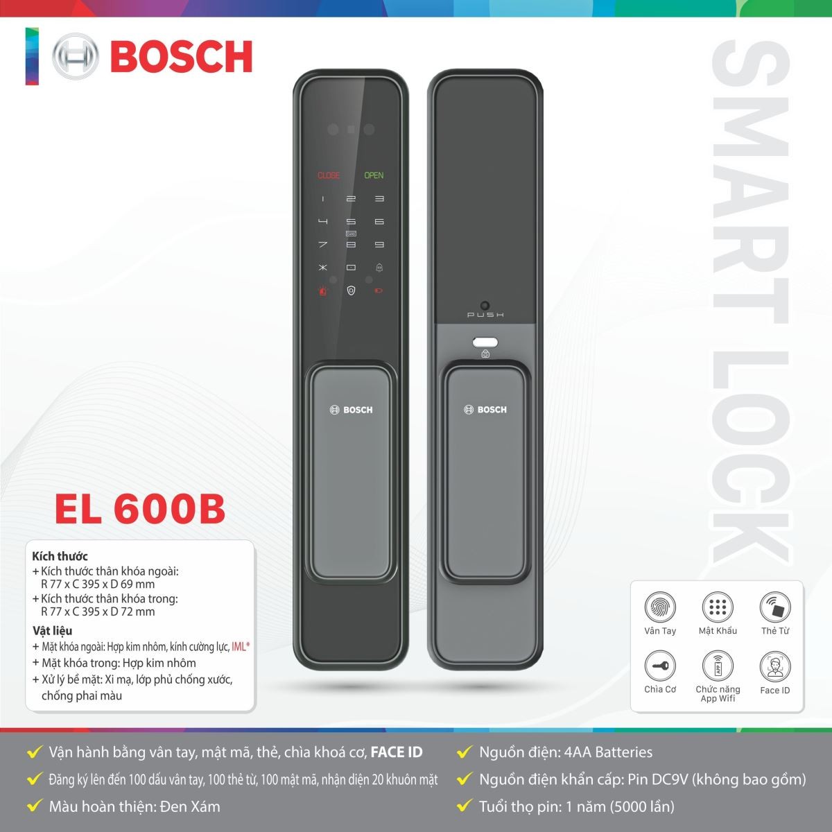Khóa Điện Tử Bosch EL 600B Đen Xám | Có FACE ID