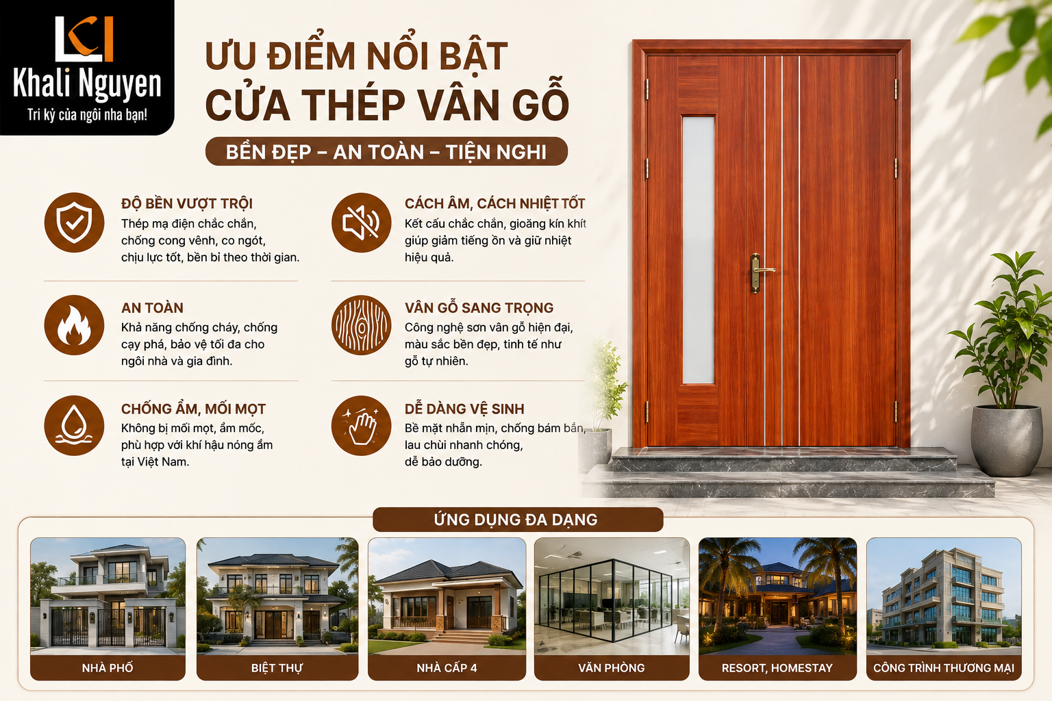 ưu điểm cửa thép vân gỗ 2 cánh lệch