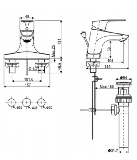 Bản vẽ vòi lavabo American Standard 3 lỗ Cygnet WF-0302