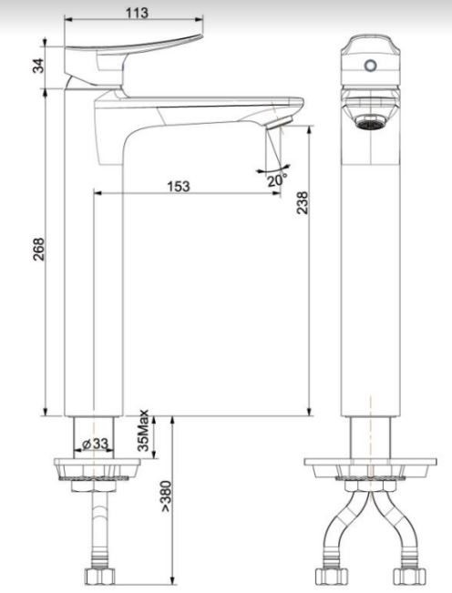 Bản vẽ Vòi lavabo American Standard WF-0902 Milano nóng lạnh cổ cao