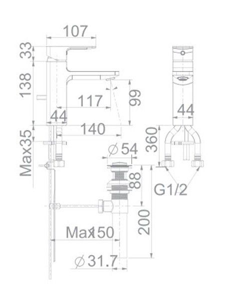 Bản Vẽ Vòi Lavabo American Standard Acacia E WF-1301 Nóng Lạnh