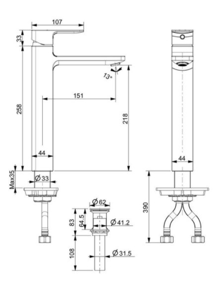 Bản vẽ Vòi Lavabo American Standard Acacia E WF-1302 Nóng Lạnh