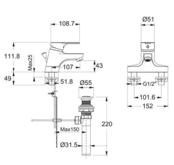 Bản vẽ Vòi lavabo American Standard 1 lỗ Concept WF-1401 nóng lạnh