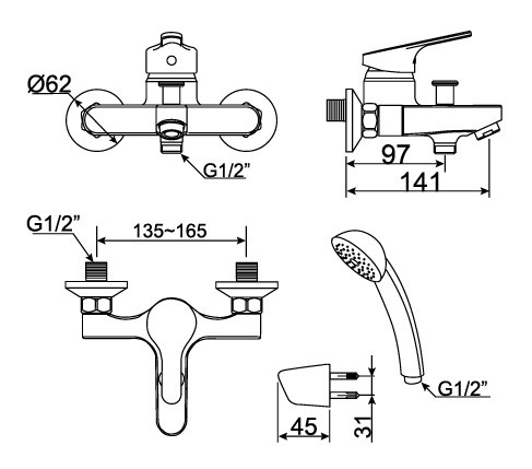 Bản vẽ Sen tắm thường American Standard Concept WF-1411 nóng lạnh