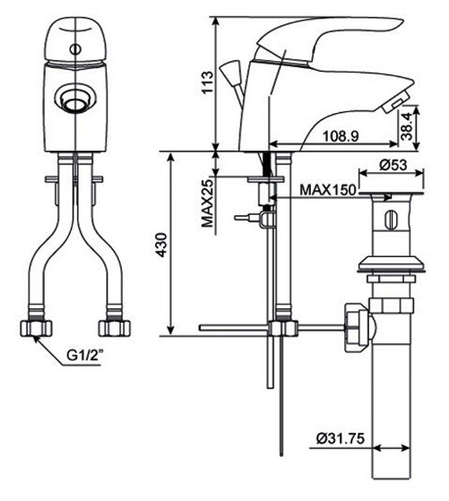 Bản vẽ vòi lavabo American Standard 1 lỗ Saga WF-1501 nóng lạnh