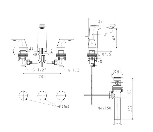 Bản Vẽ Vòi Lavabo American Standard WF-1703 Nóng Lạnh 3 Lỗ