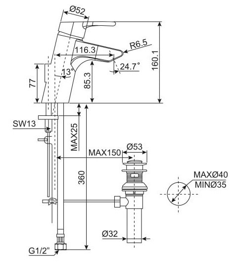 Bản vẽ Vòi lavabo American Standard 1 lỗ Active WF-3907 nóng lạnh