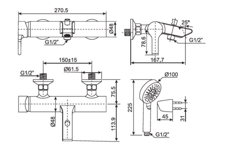 Bản vẽ  sen tắm thường American Standard Active WF-3911 nóng lạnh