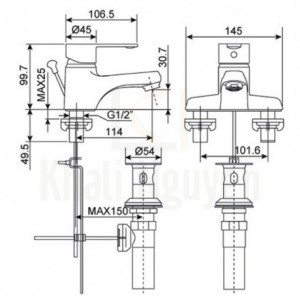 Bản Vẽ Vòi Lavabo American Standard Seva WF-6502 Nóng Lạnh