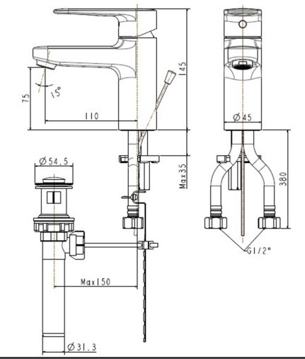 Bản vẽ Vòi lavabo American Standard 1 lỗ Codie WF-B201 nóng lạnh