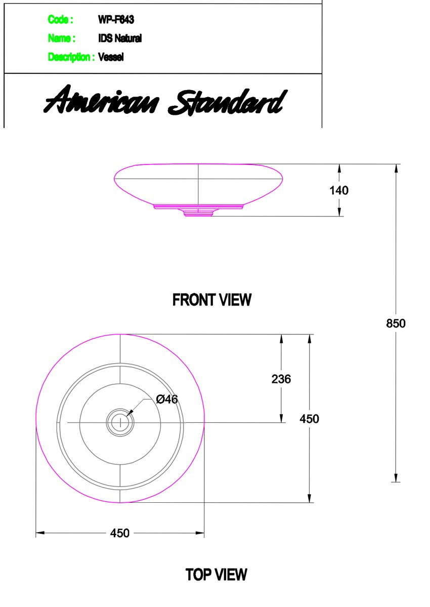 Bản Vẽ Chậu Rửa Lavabo American Standard WP-F643 Đặt Bàn