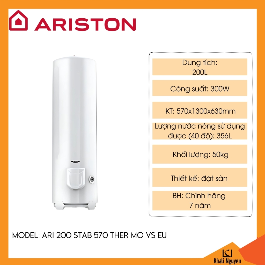 Bình nóng lạnh công nghiệp gián tiếp đặt sàn 200L Ariston ARI 200 STAB 570 THER MO VS EU