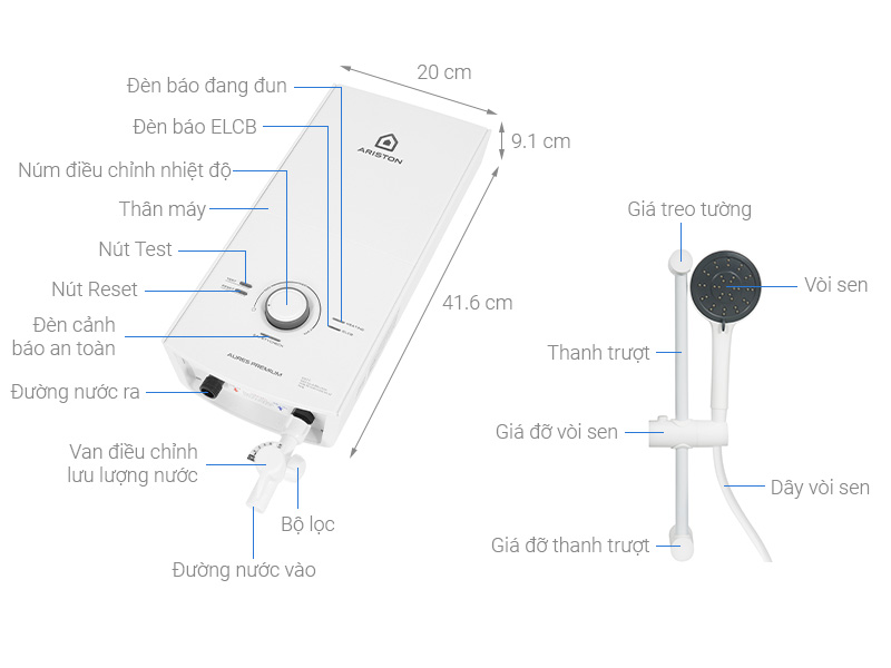 Chi tiết máy nước nóng trực tiếp Ariston AURES PREMIUM 4.5P