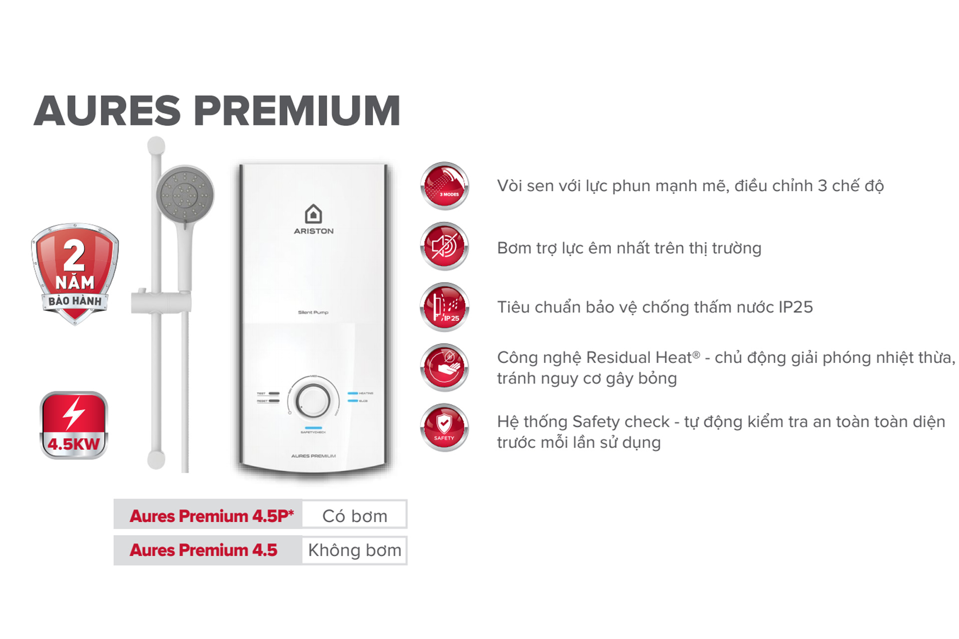 Tính năng máy nước nóng trực tiếp Ariston AURES PREMIUM 4.5P