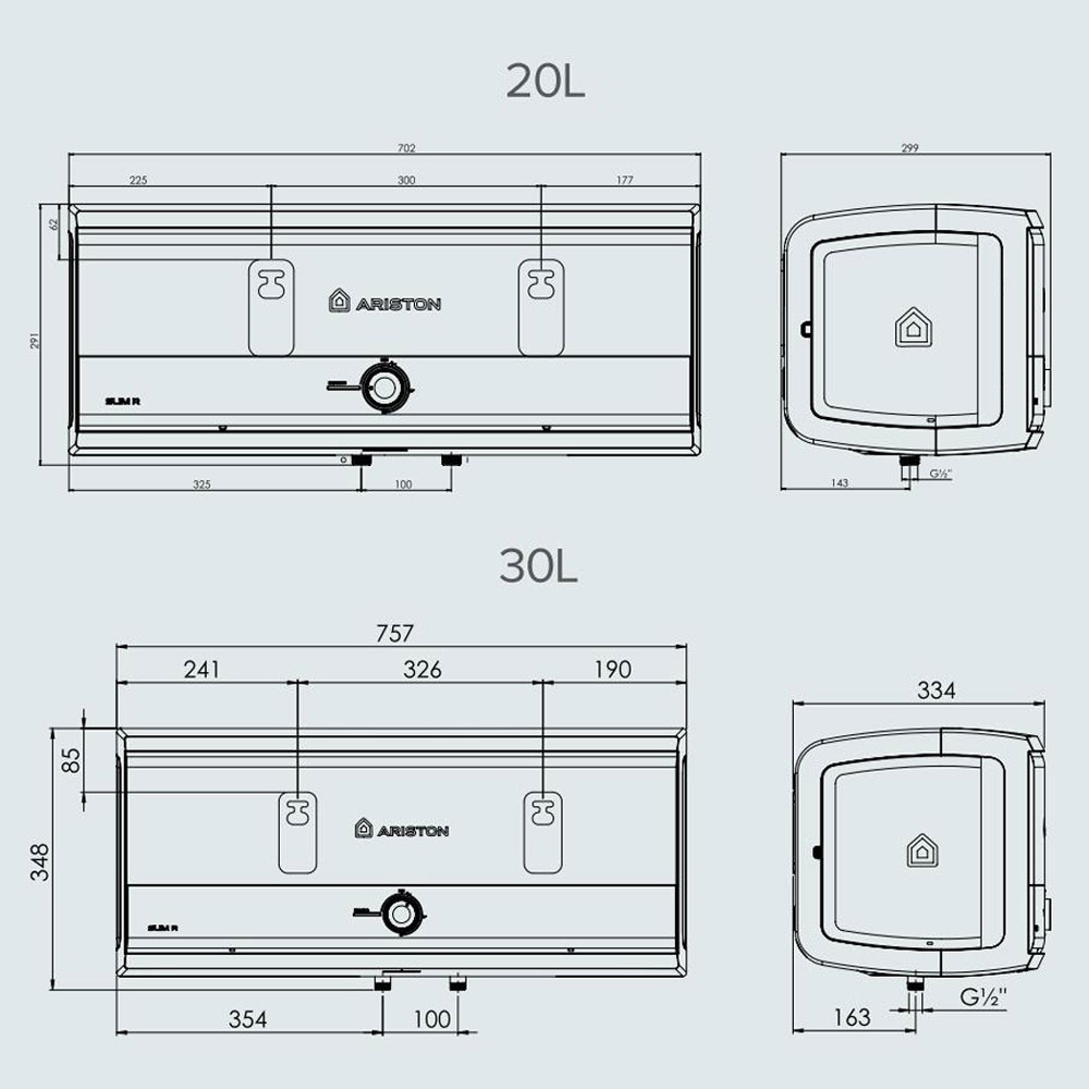 Bản vẽ bình nóng lạnh gián tiếp Ariston SLIM3 20 B