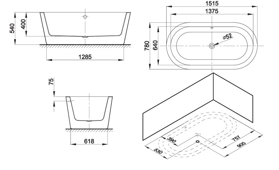 Bản Vẽ Bồn Tắm Độc Lập AXENT JULIA T010-0501-T1