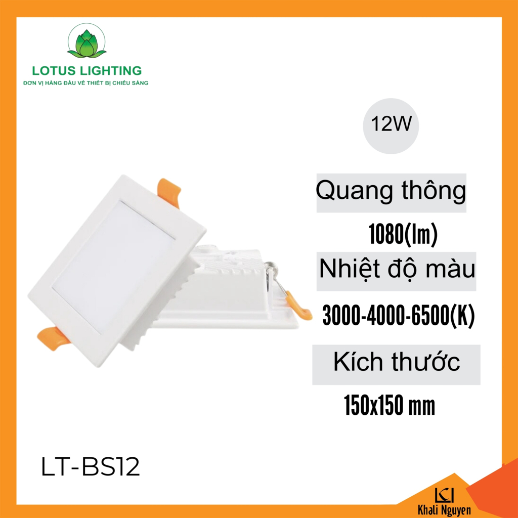 Đèn led ân trần trắng vuông 12W Lotus Lighting LT-BS12