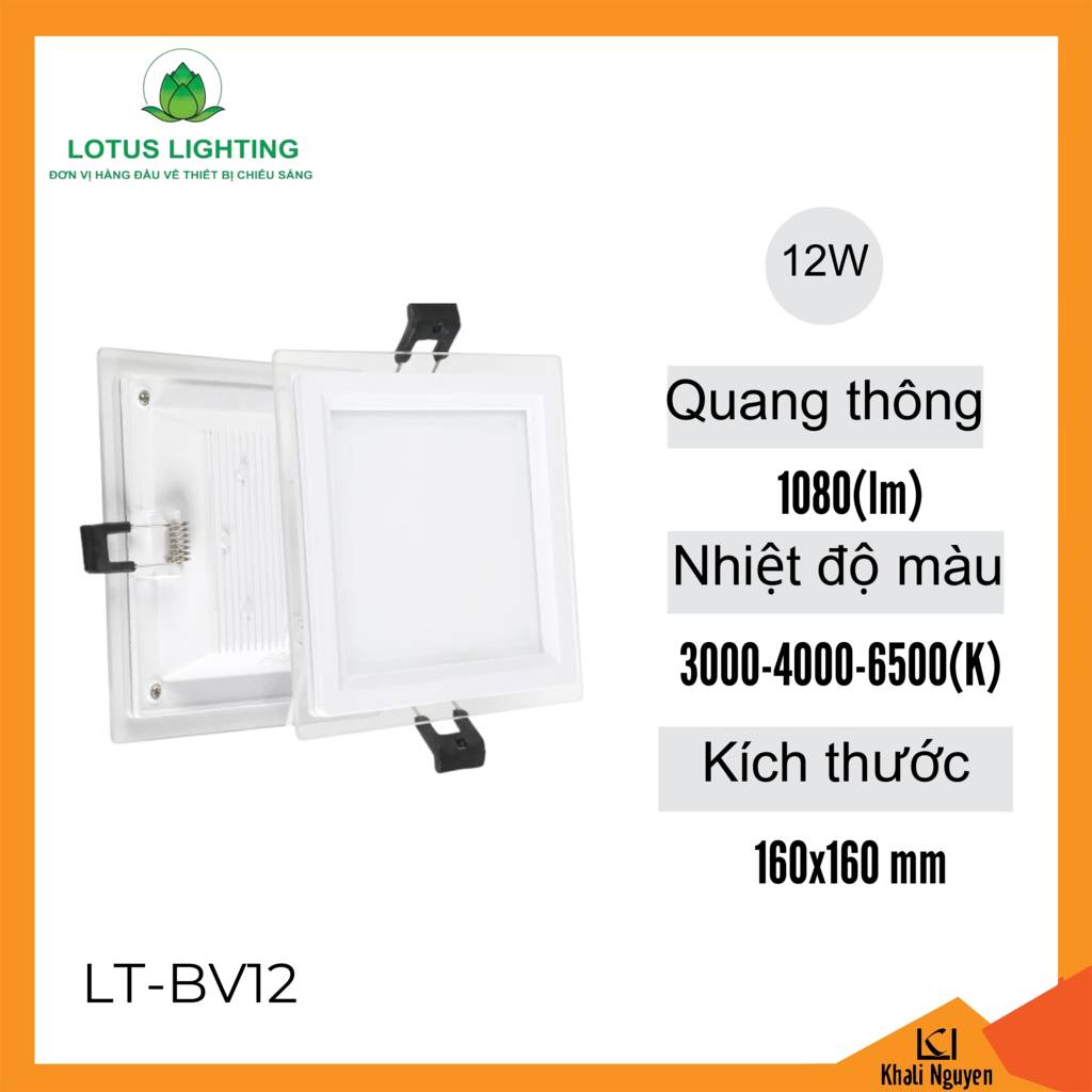 Đèn led âm trần mặt kính SMD vuông 12W Lotus Lighting LT-BV12