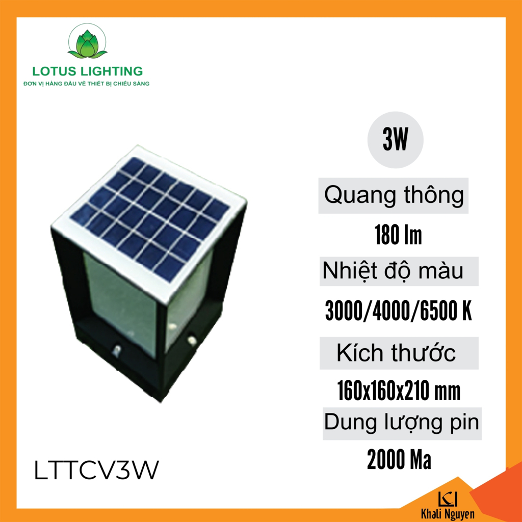 Đèn trụ cổng năng lượng mặt trời vuông 3W Lotus Lighting LTTCV3W