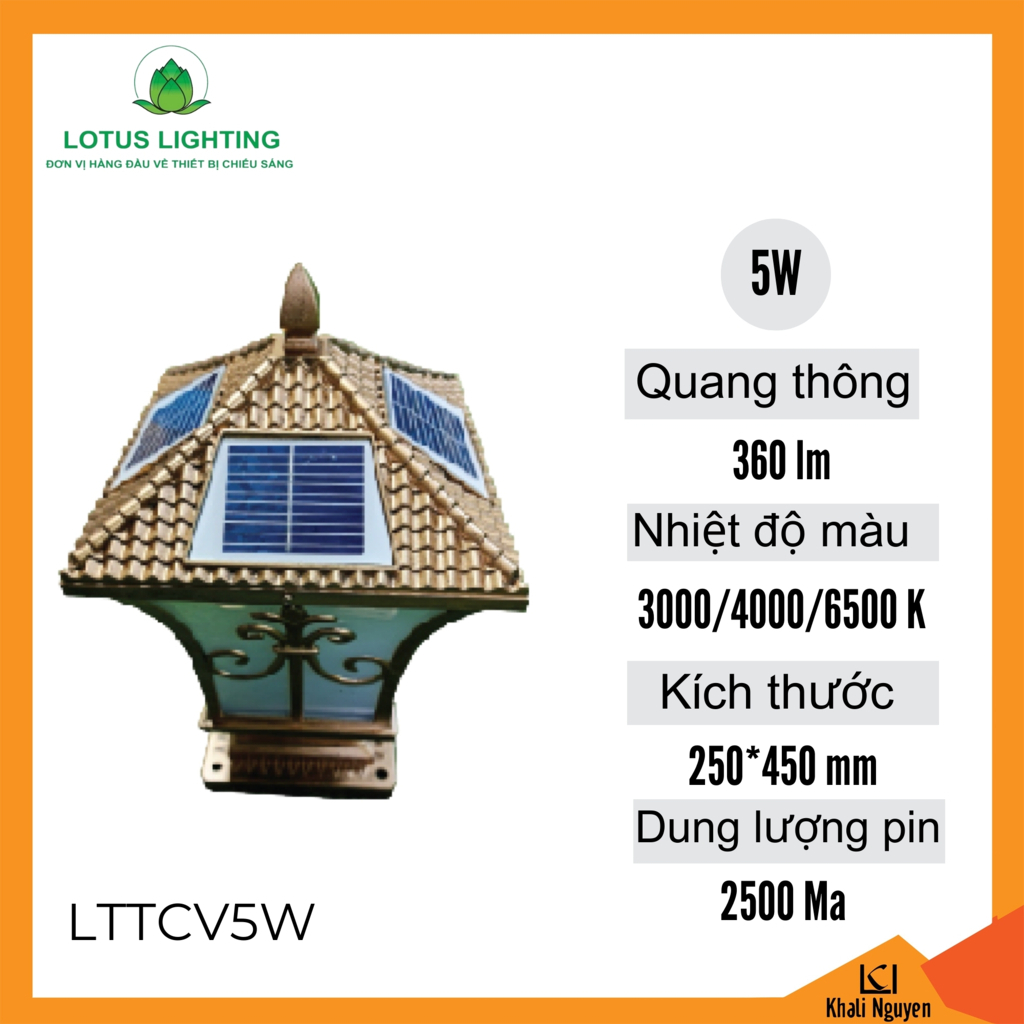 Đèn trụ cổng năng lượng mặt trời 5W Lotus Lighting LTTCV5W