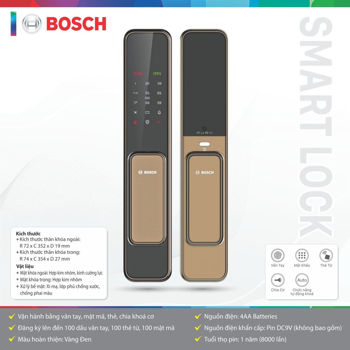 Khóa Cửa Thông Minh Bosch EL 600KG (APP) | Màu Vàng Đen