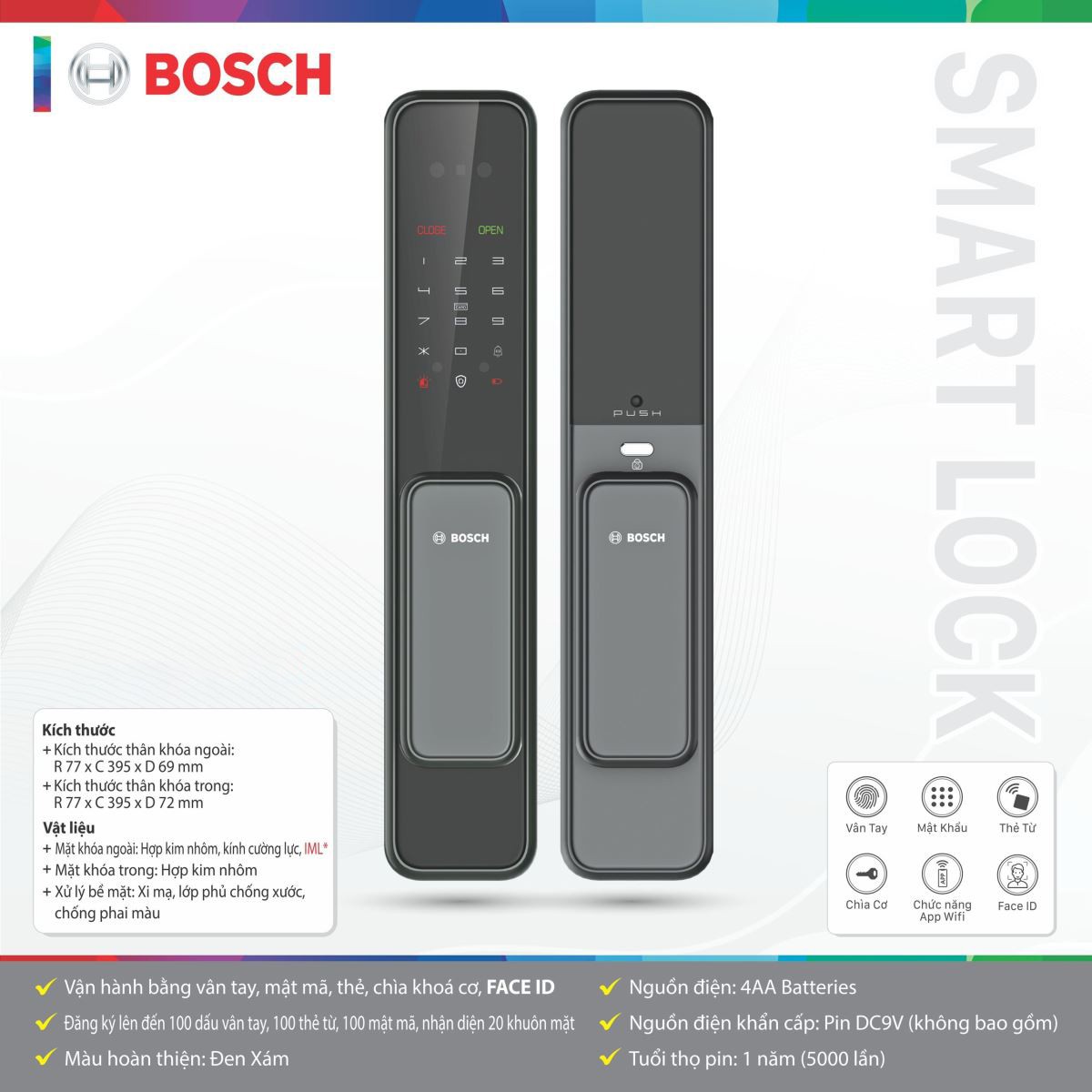 Khóa Điện Tử Bosch EL 600B (APP) Đen Xám | Có FACE ID