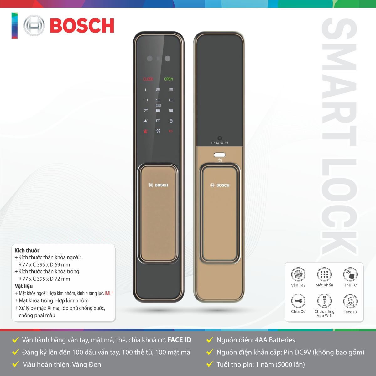 Khóa Điện Tử Bosch EL 600BK (APP) Vàng Đen | Có FACE ID