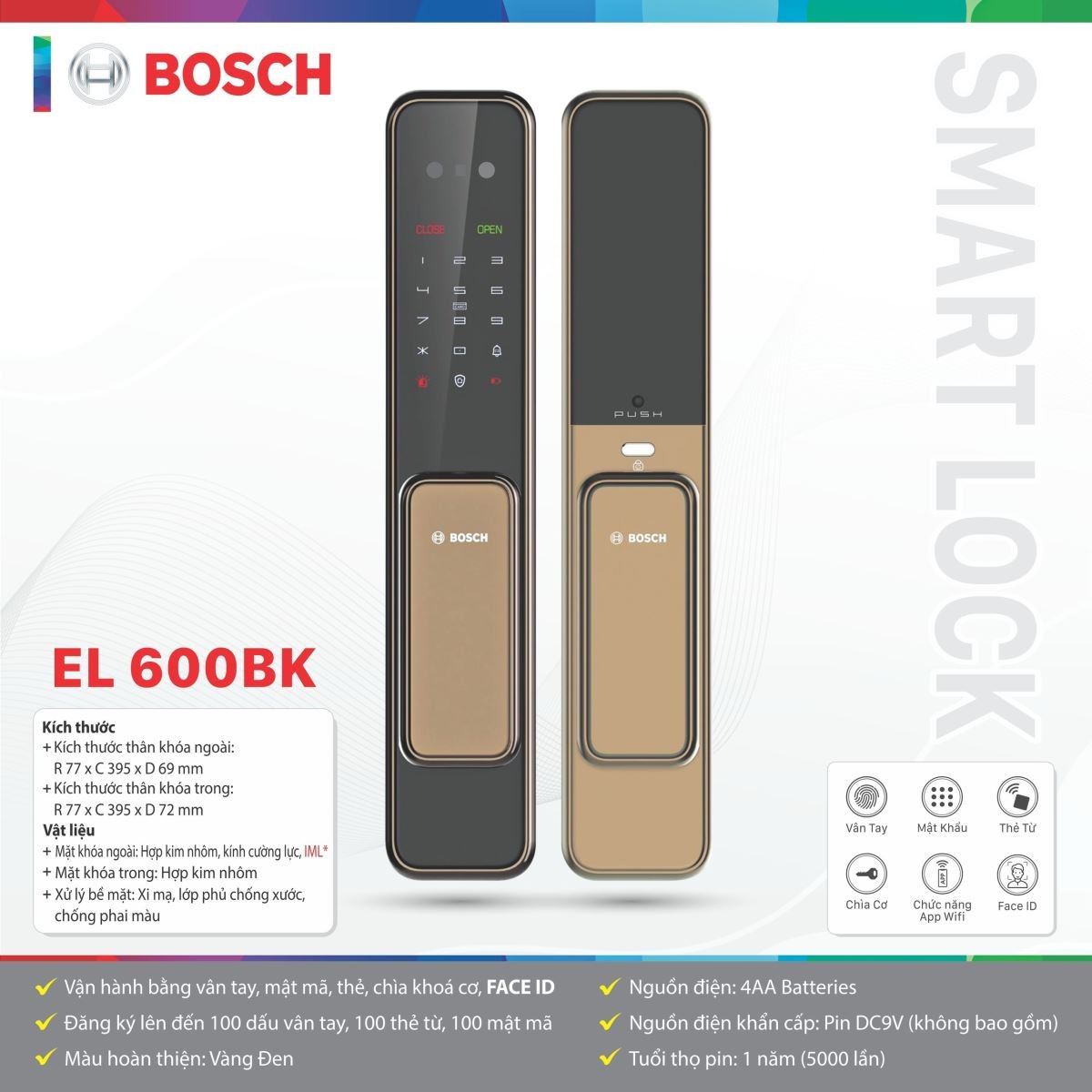 Khóa Điện Tử Bosch EL 600BK Vàng Đen | FACE ID