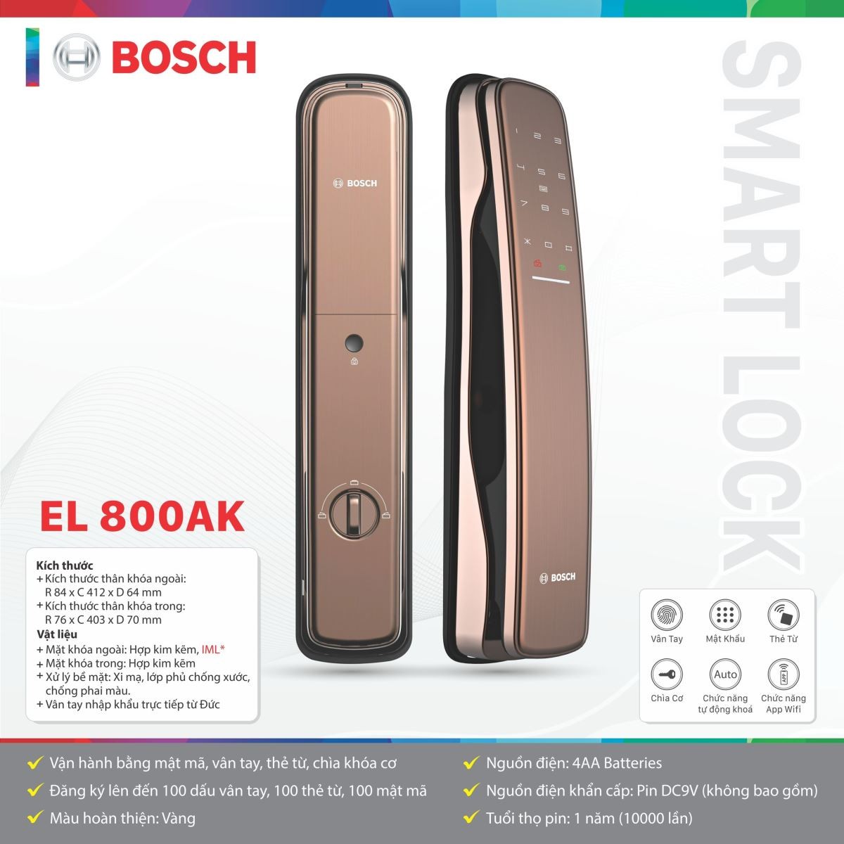 Khóa Điện Tử Bosch EL 800AK | Bản Màu Vàng Đồng