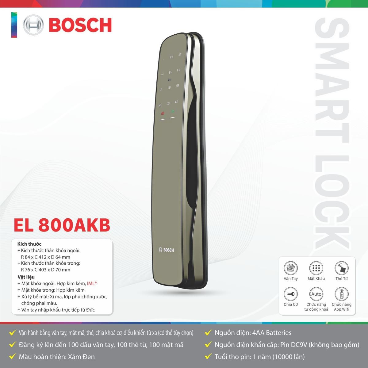 Khóa Điện Tử Bosch EL 800AKB | Bản Xám Đen
