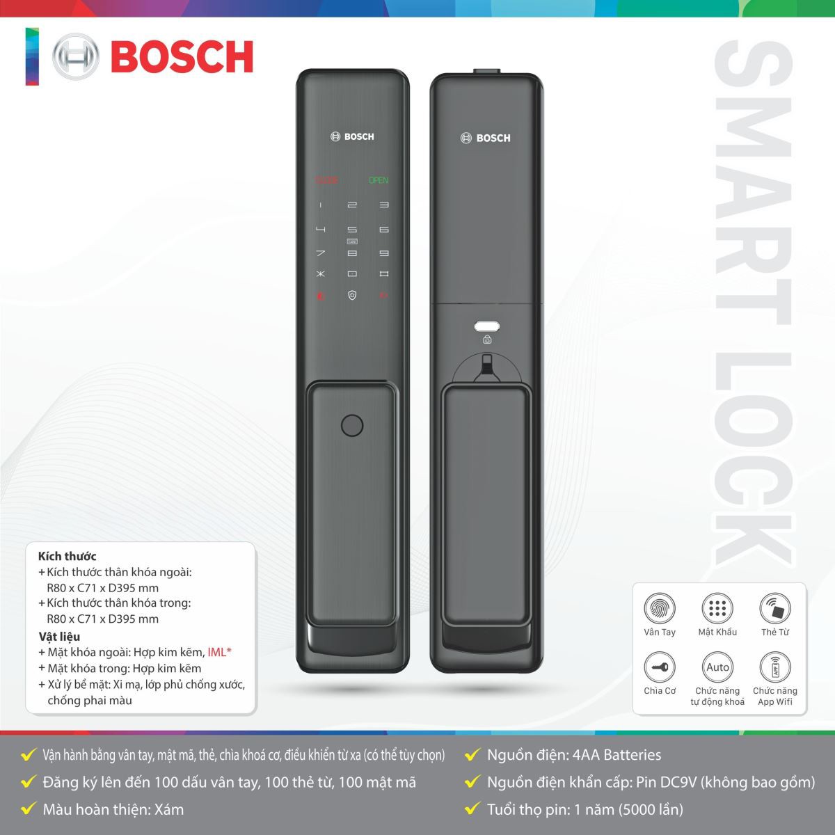 Khóa Điện Tử Bosch FU 750BK (APP) | Màu Xám