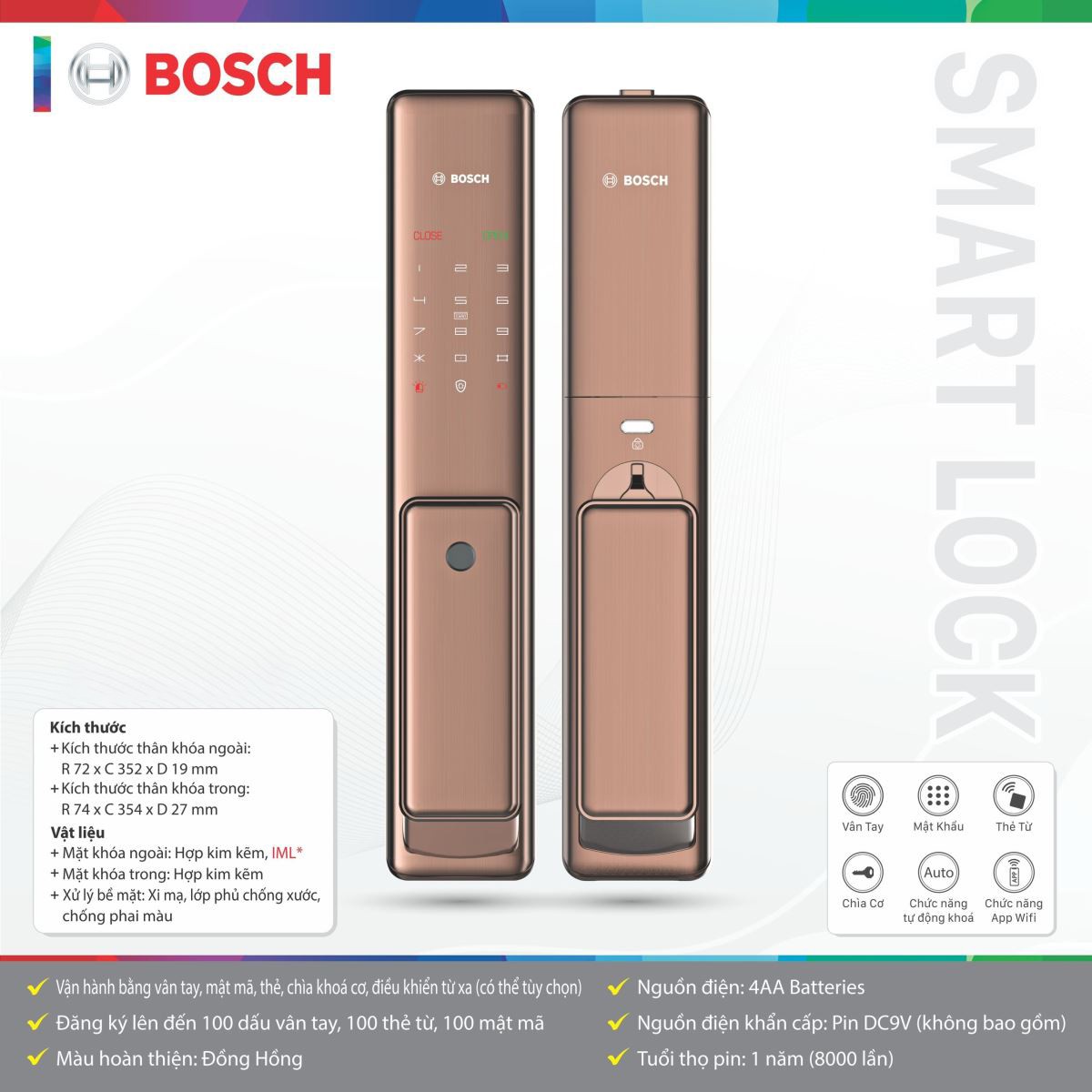 Khóa Điện Tử Bosch FU 750K (APP) | Màu Đồng Hồng