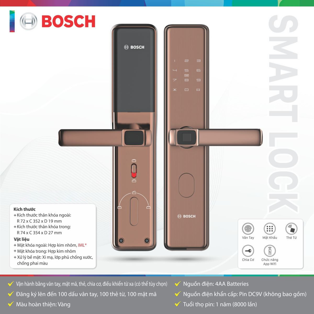 Khóa Cửa Thông Minh Bosch ID 30BK (APP) | Màu Vàng Đồng