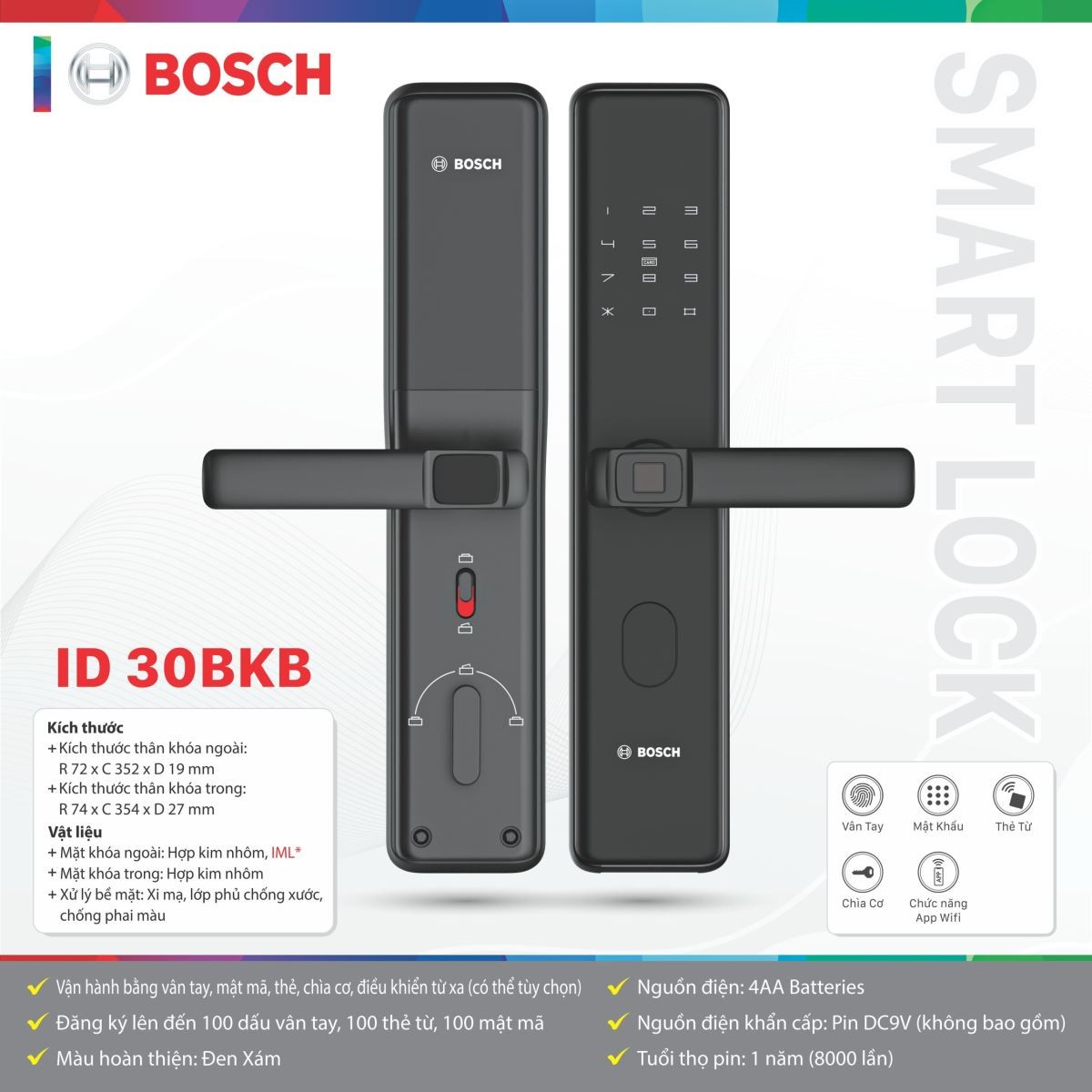 Khóa Cửa Thông Minh Bosch ID 30BKB | Màu Đen Xám