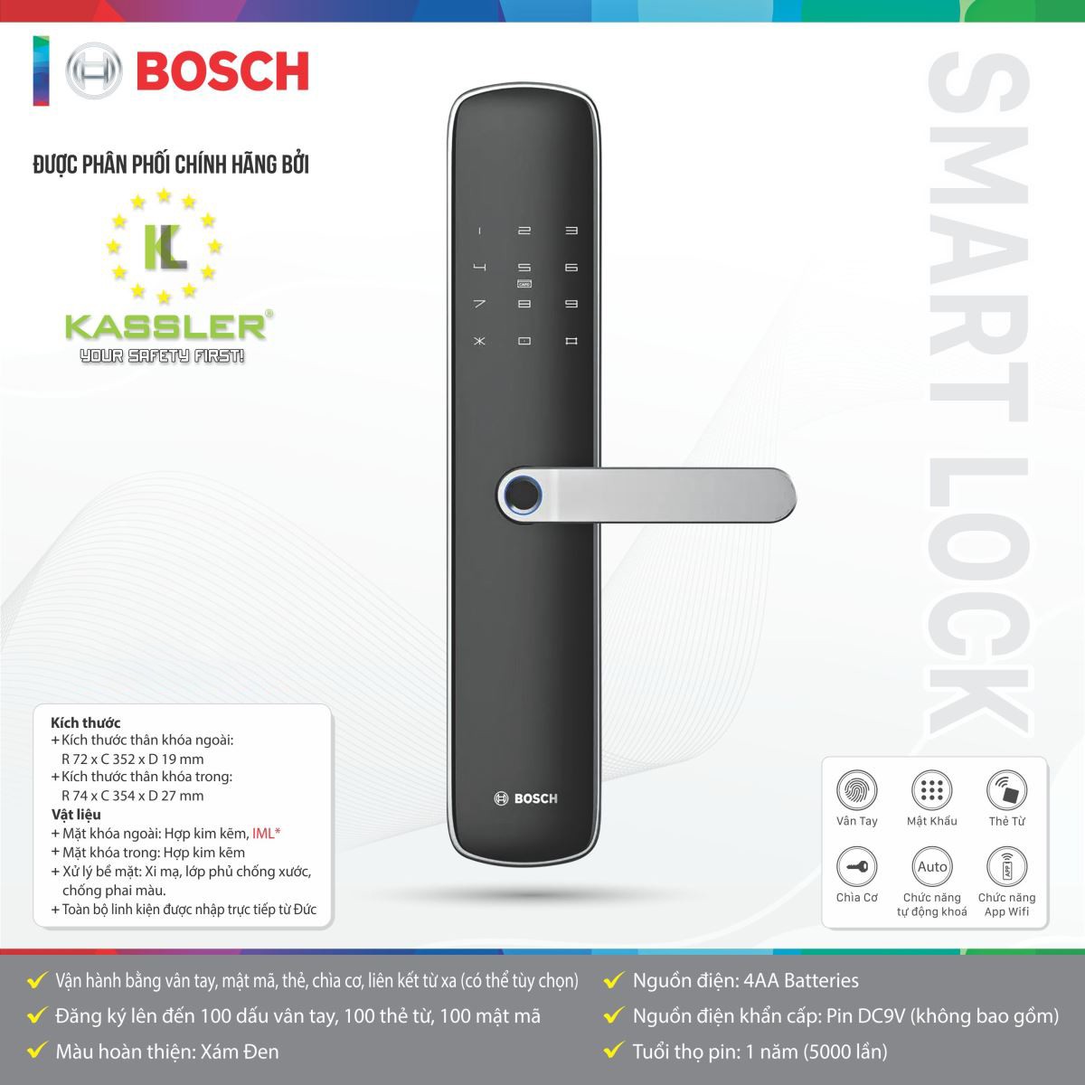 Khóa Cửa Thông Minh Bosch ID60BK (APP)| Màu Xám Đen