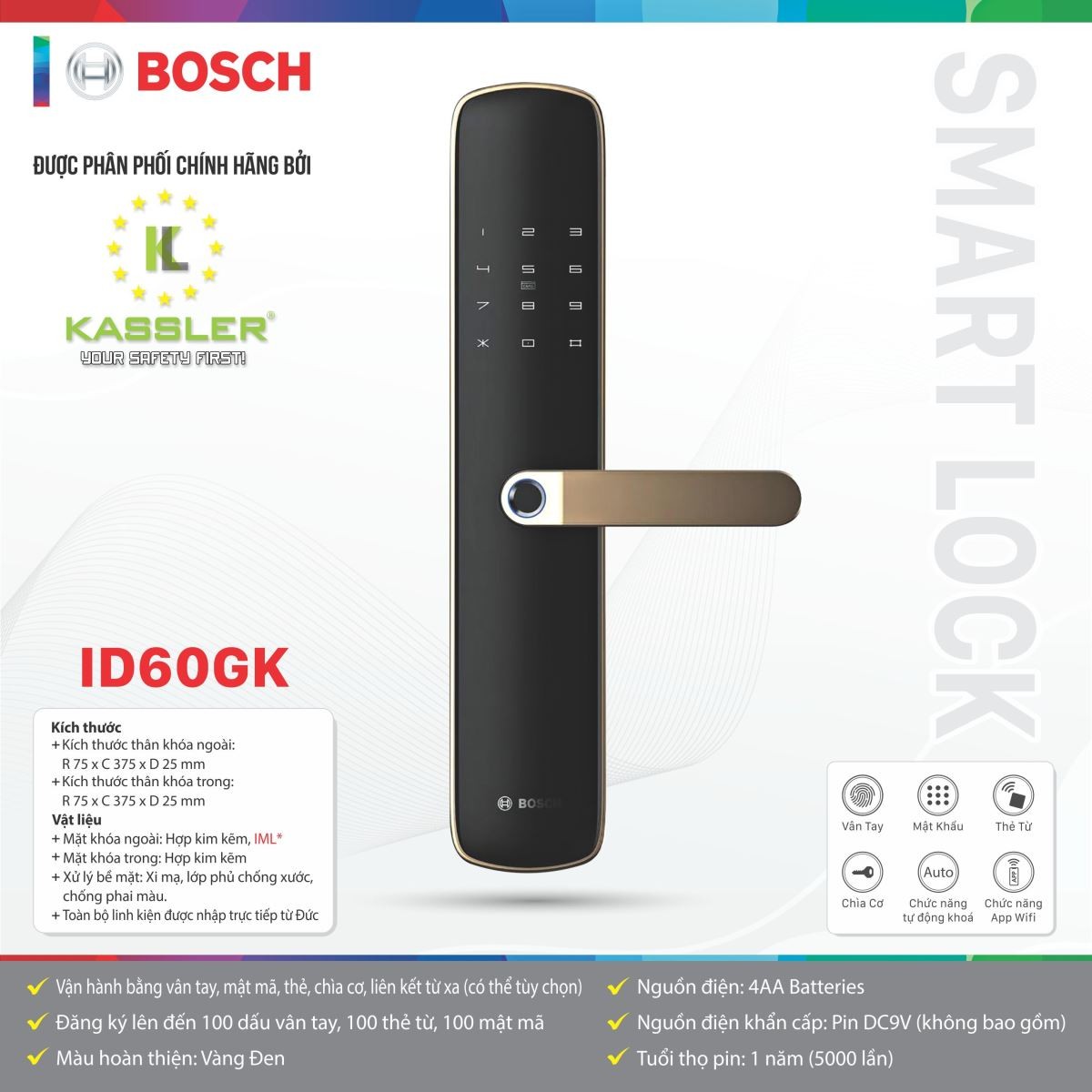 Khóa Cửa Thông Minh Bosch ID60GK | Màu Vàng Đen