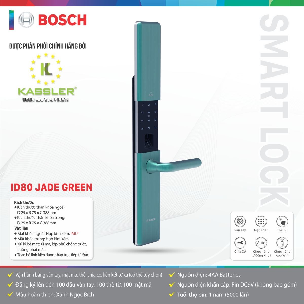 Khóa Điện Tử Bosch ID80 JADE GREEN (APP)
