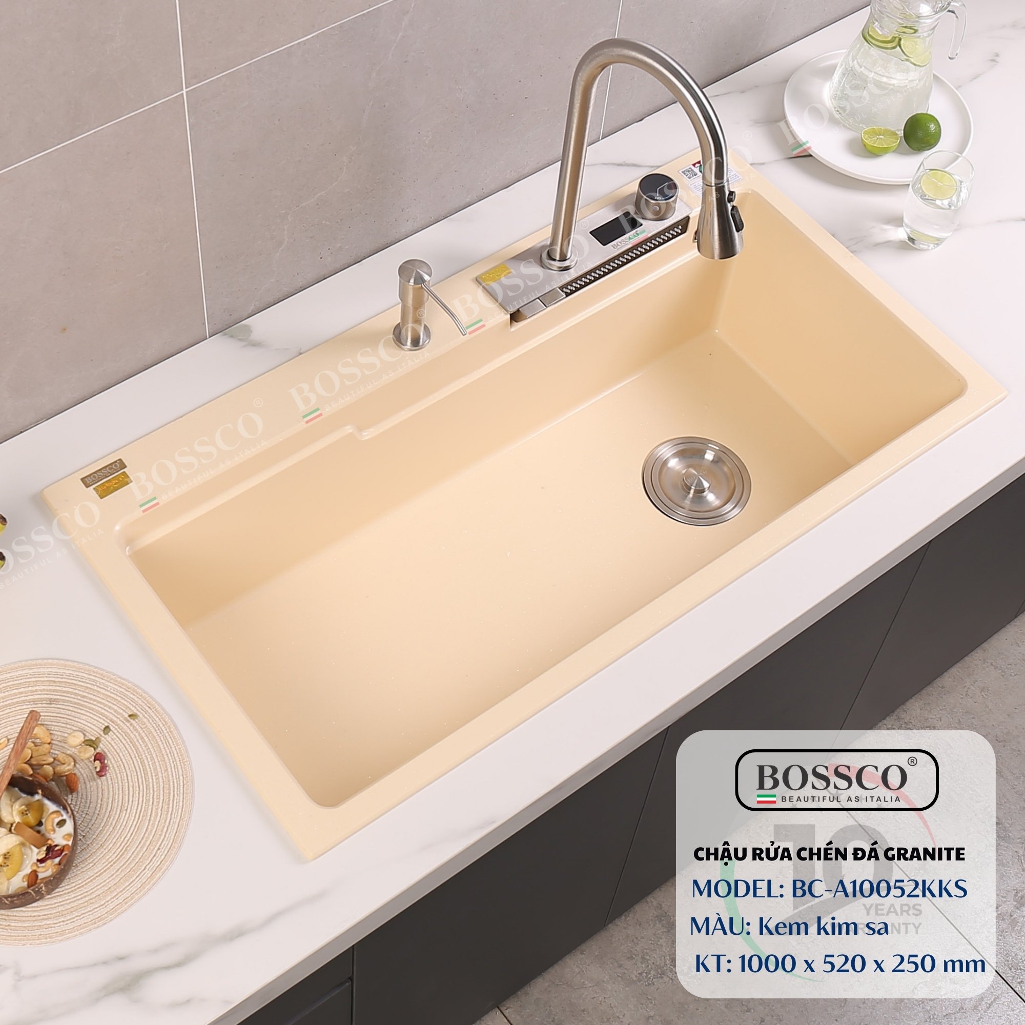 Chậu rửa chén đá Bossco BC-A10052KKS ( Kem kim sa). KT : 1000*520*250mm. 1 hộc, 2 phím đa năng