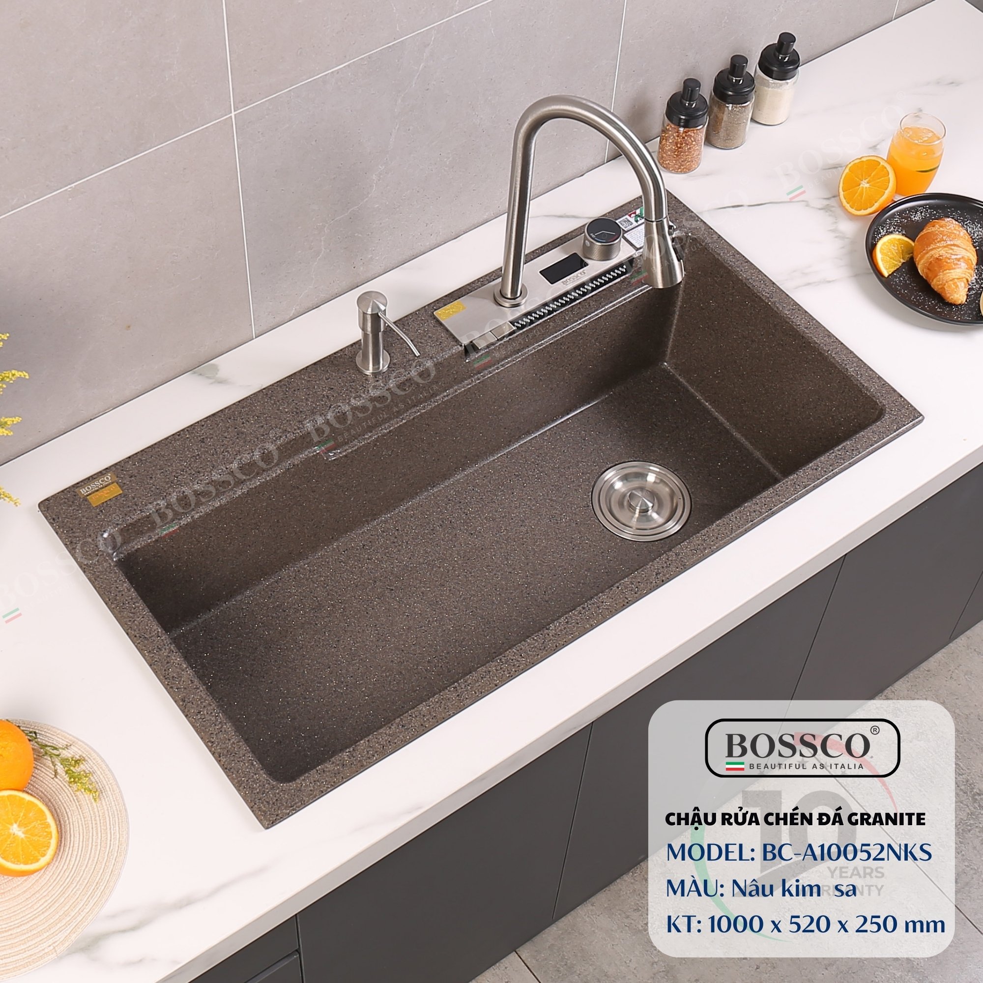 Chậu rửa chén đá Bossco BC-A10052NKS (Nâu kim sa). KT : 1000*520*250mm. 1 hộc, 2 phím đa năng