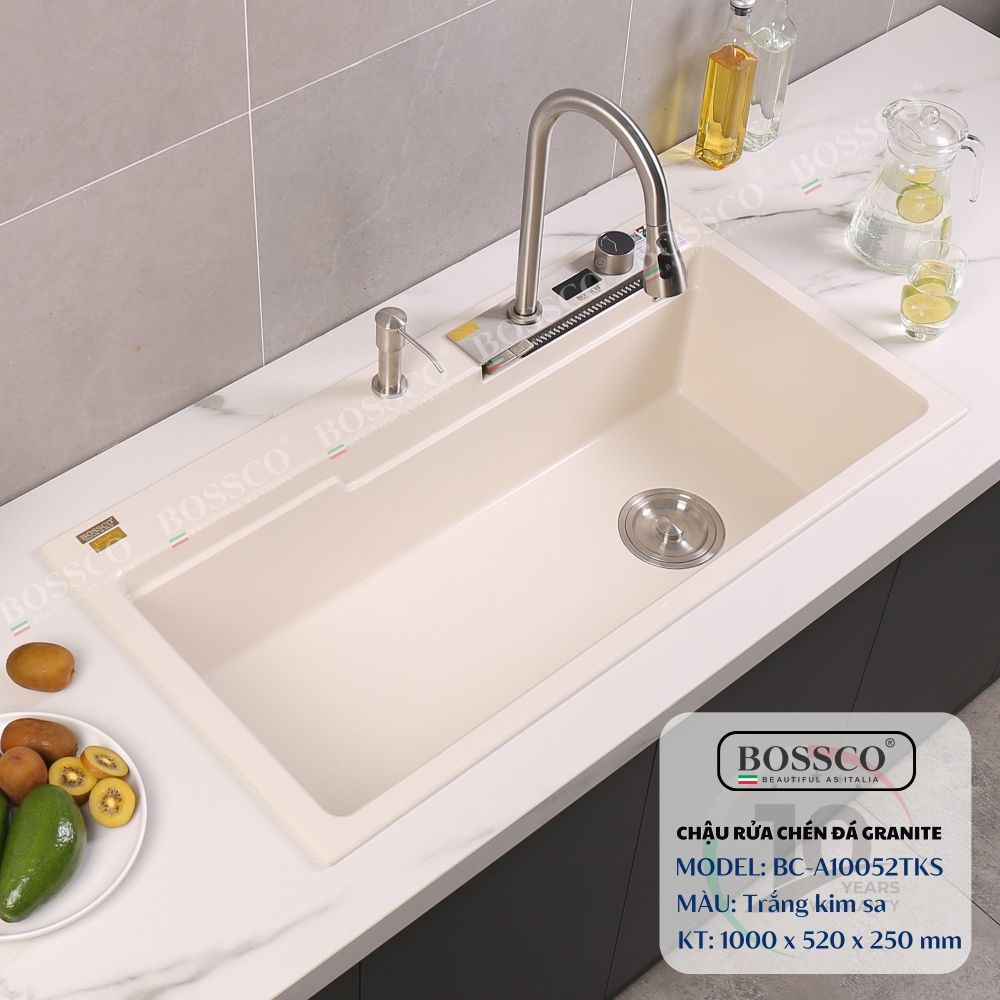 Chậu rửa chén đá Bossco BC-A10052TKS ( Trắng kim sa). KT : 1000*520*250mm. 1 hộc, 2 phím đa năng