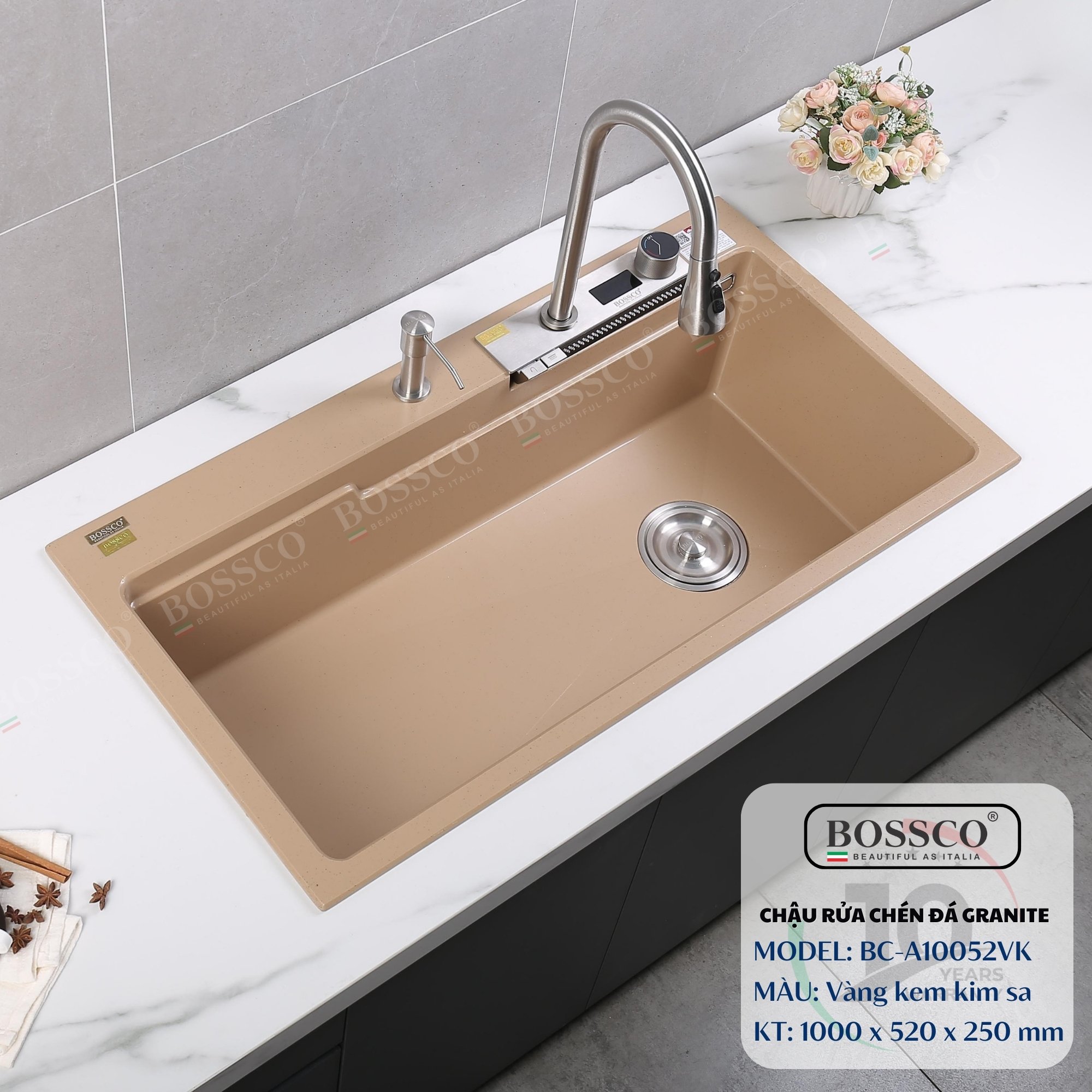 Chậu rửa chén đá Bossco BC-A10052VK (Vàng kem kim sa). KT : 1000*520*250mm. 1 hộc, 2 phím đa năng