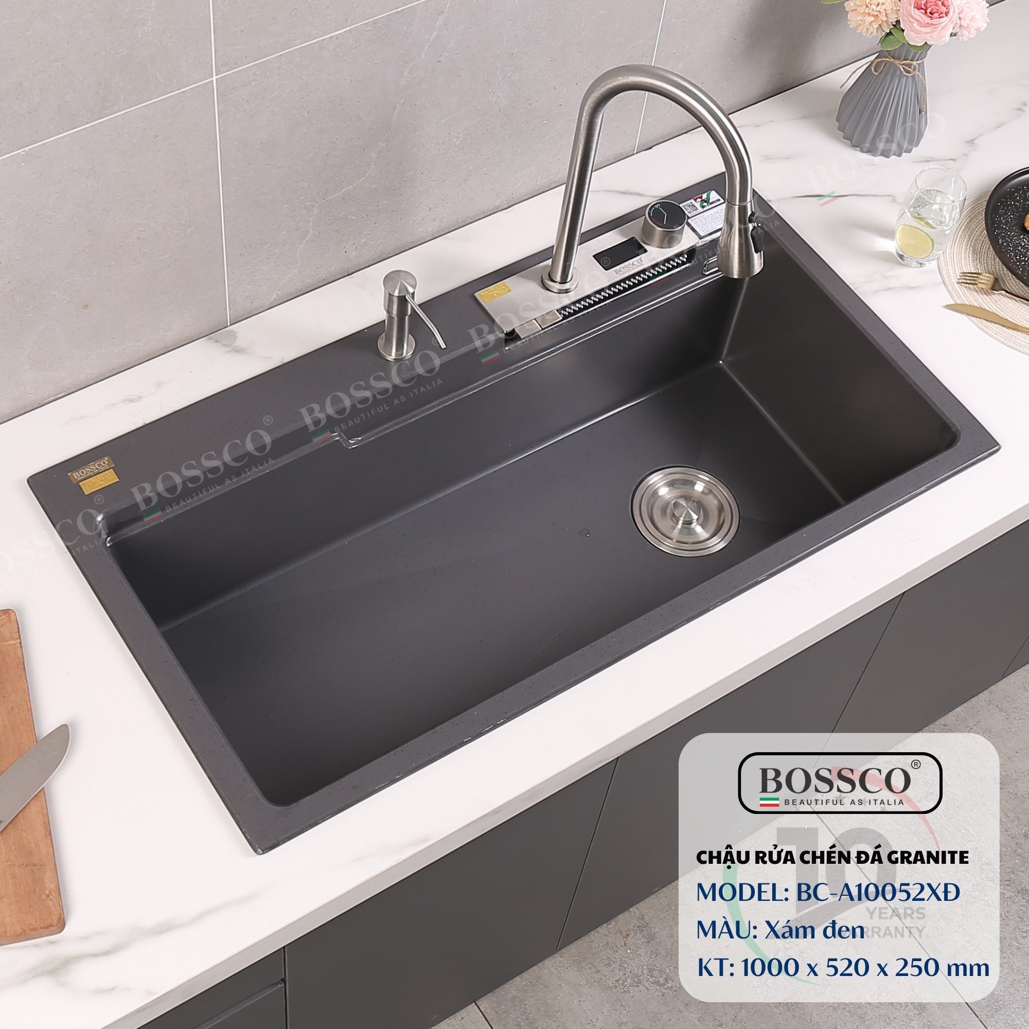 Chậu rửa chén đá Bossco BC-A10052XĐ (Xám đen). KT : 1000*520*250mm. 1 hộc, 2 phím đa năng