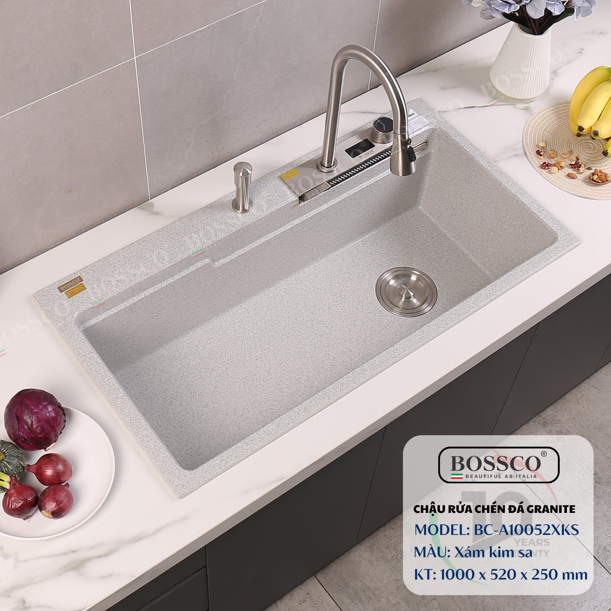 Chậu rửa chén đá Bossco BC-A10052XKS (Xám kim sa). KT : 1000*520*250mm. 1 hộc, 2 phím đa năng