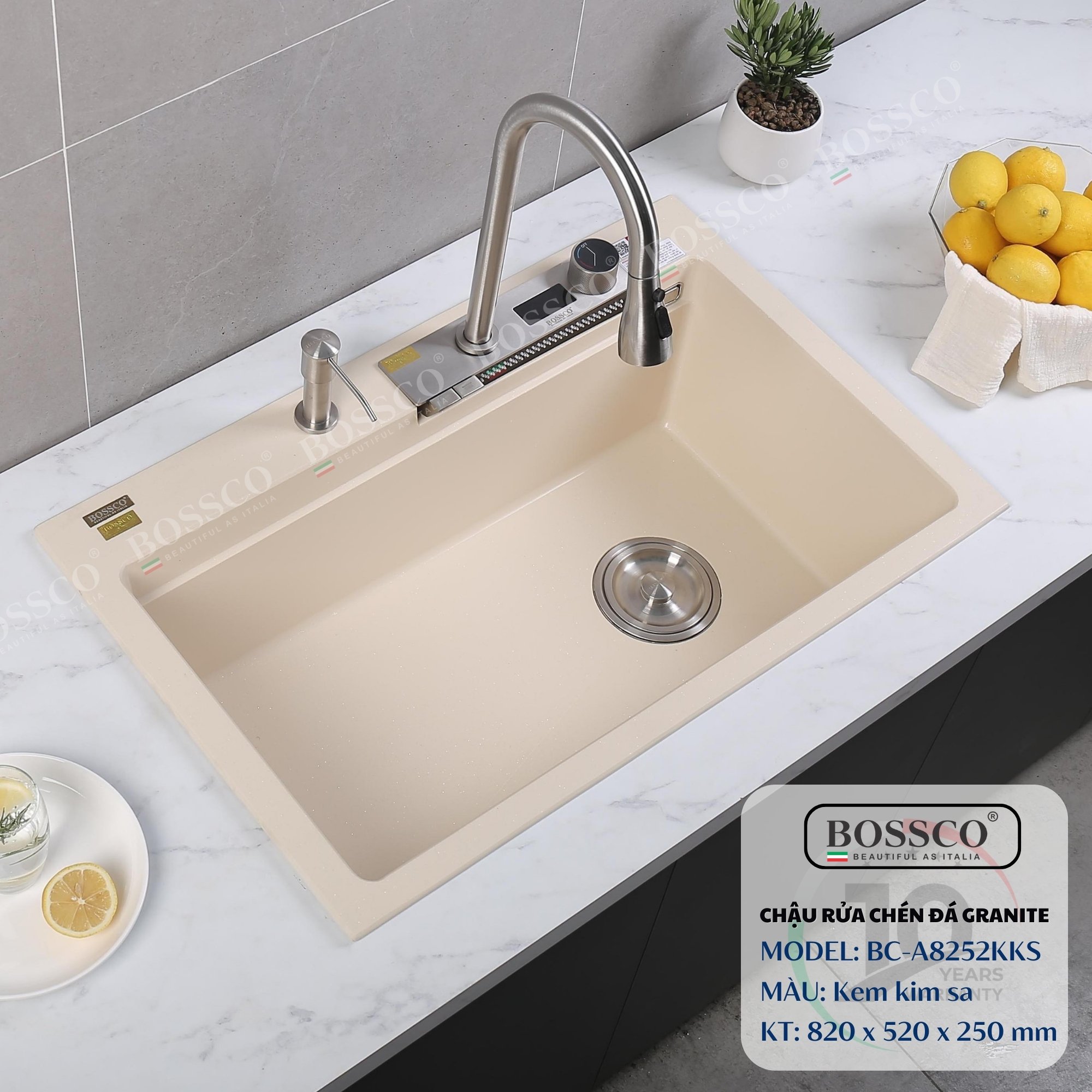 Chậu rửa chén đá Bossco BC-A8252KKS (Kem kim sa). KT : 820*520*250mm. 1 hộc, 2 phím đa năng