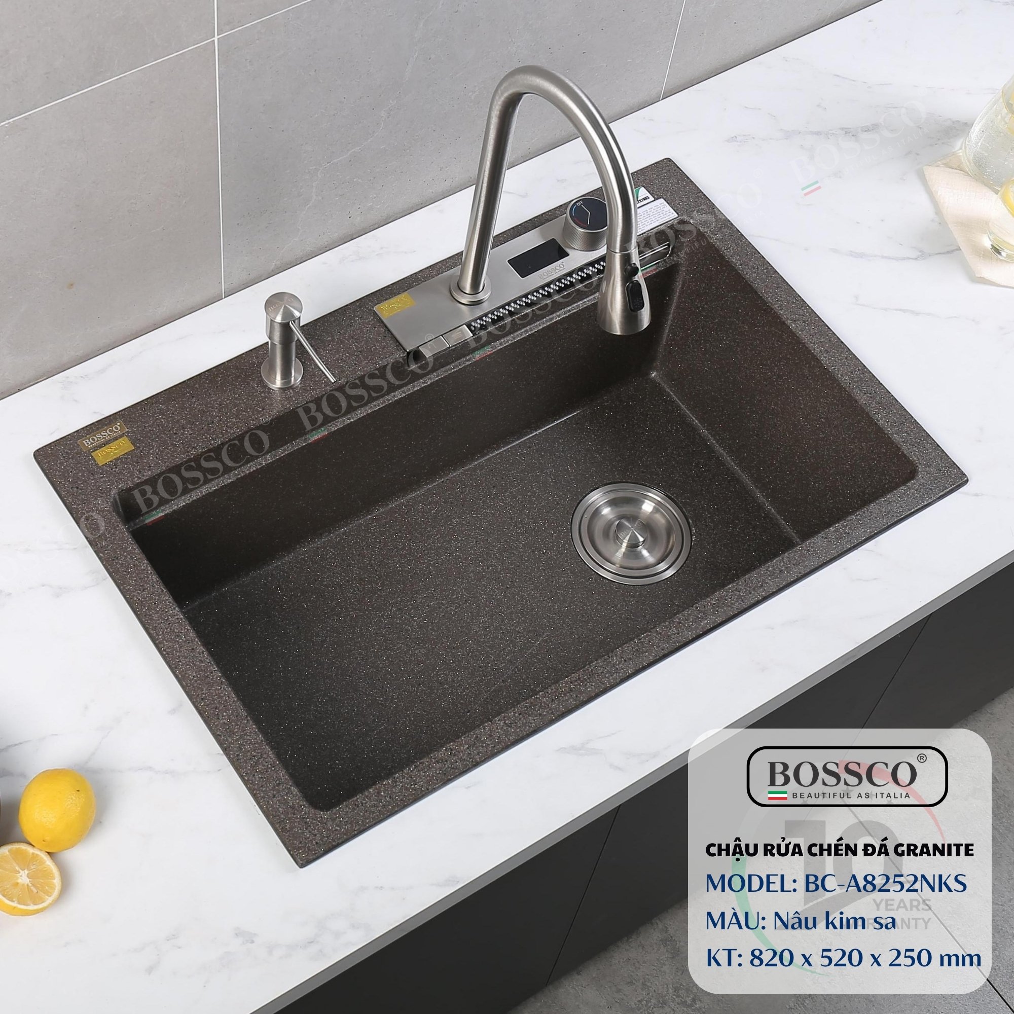 Chậu rửa chén đá Bossco BC-A8252NKS (Nâu kim sa). KT : 820*520*250mm. 1 hộc, 2 phím đa năng