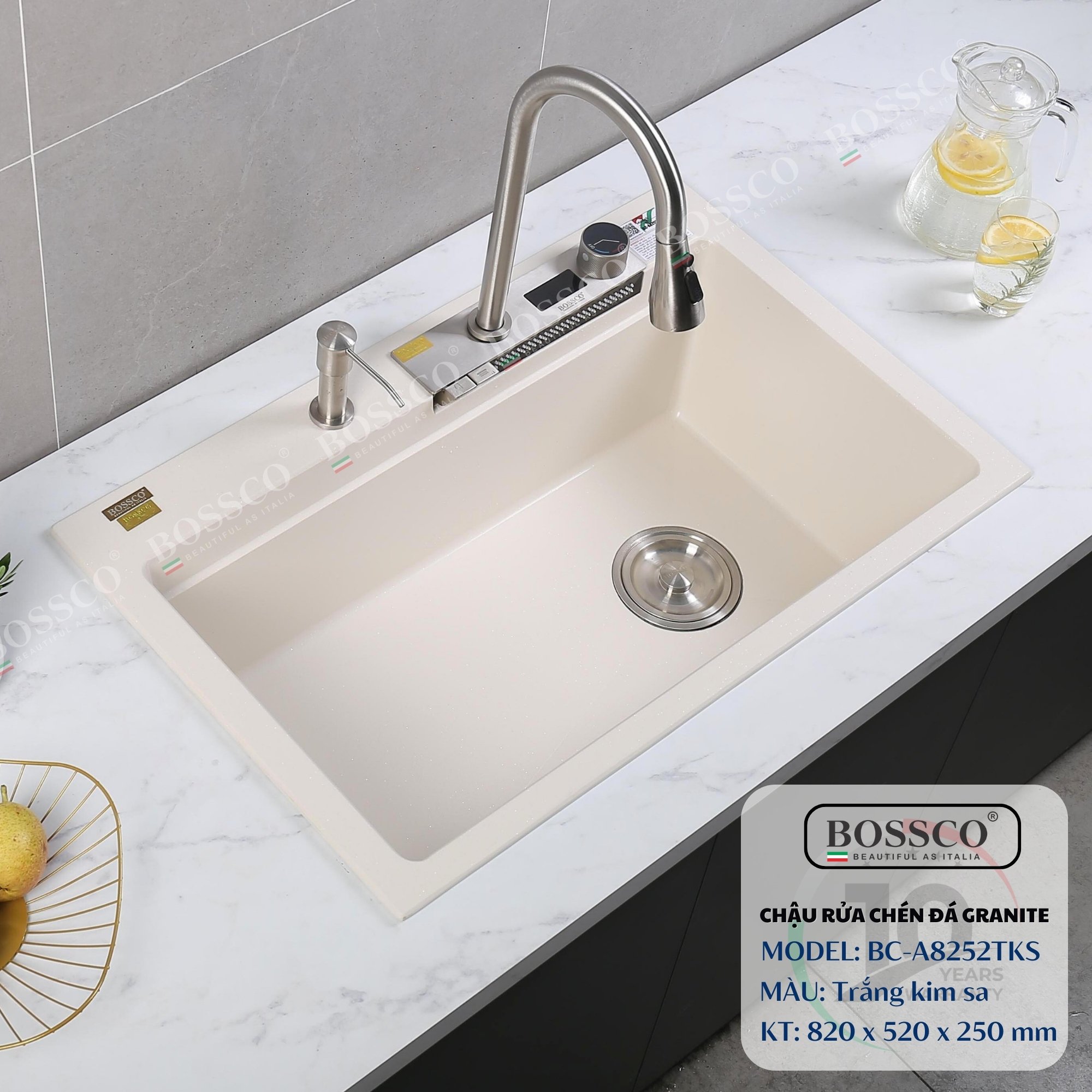 Chậu rửa chén đá Bossco BC-A8252TKS (Trắng kim sa). KT : 820*520*250mm. 1 hộc, 2 phím đa năng
