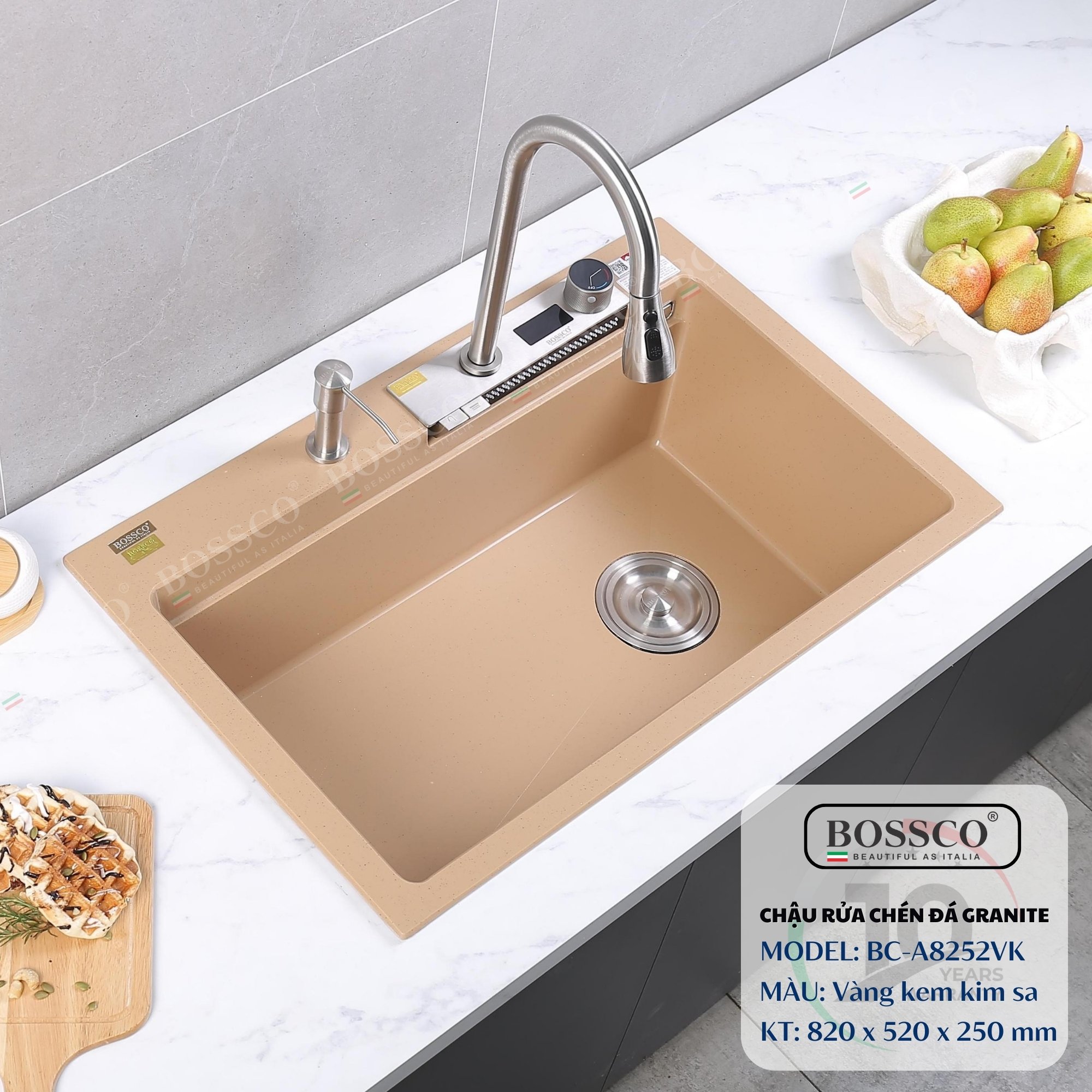 Chậu rửa chén đá Bossco BC-A8252VK (Vàng kem kim sa). KT : 820*520*250mm. 1 hộc, 2 phím đa năng