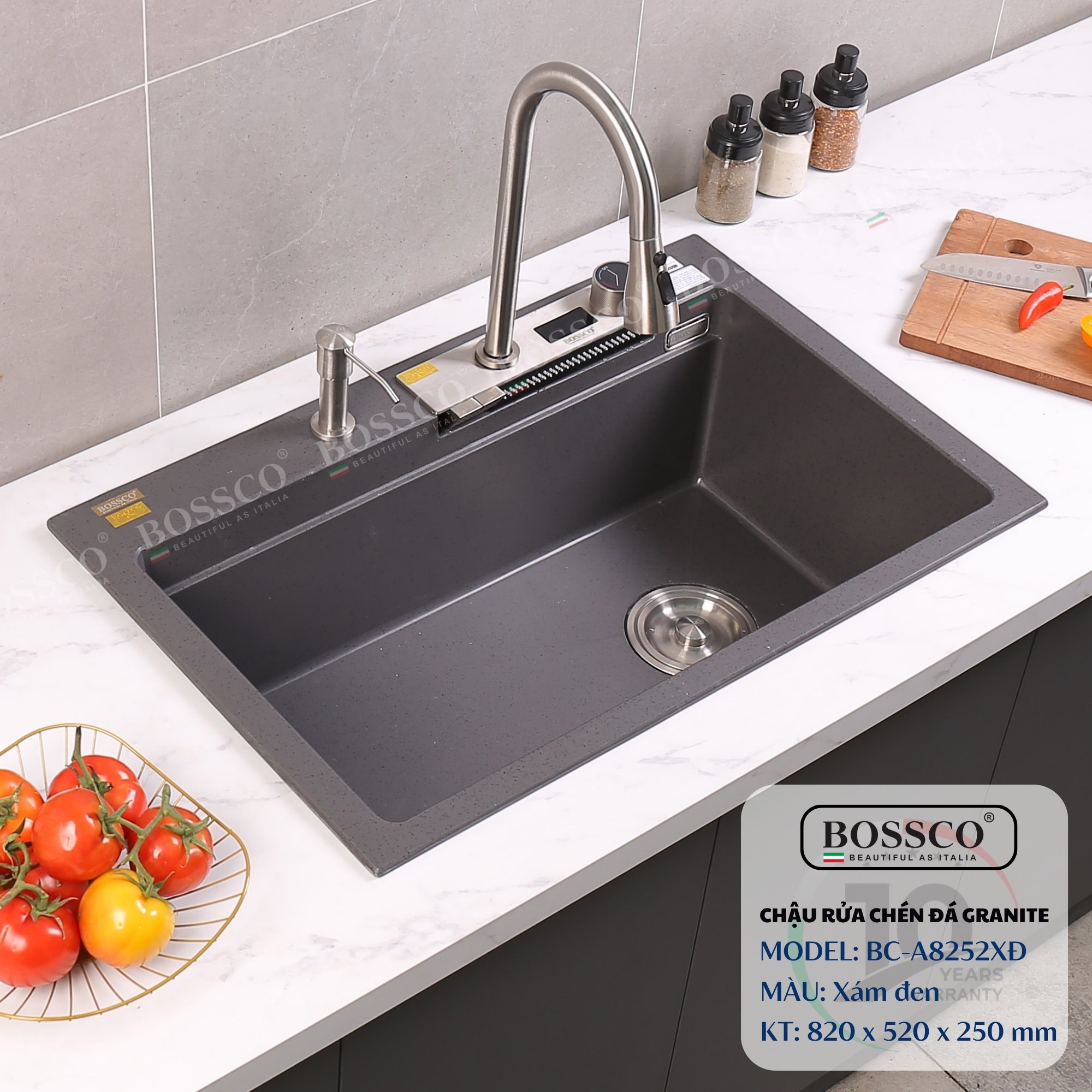 Chậu rửa chén đá Bossco BC-A8252XĐ (Xám đen). KT : 820*520*250mm. 1 hộc, 2 phím đa năng