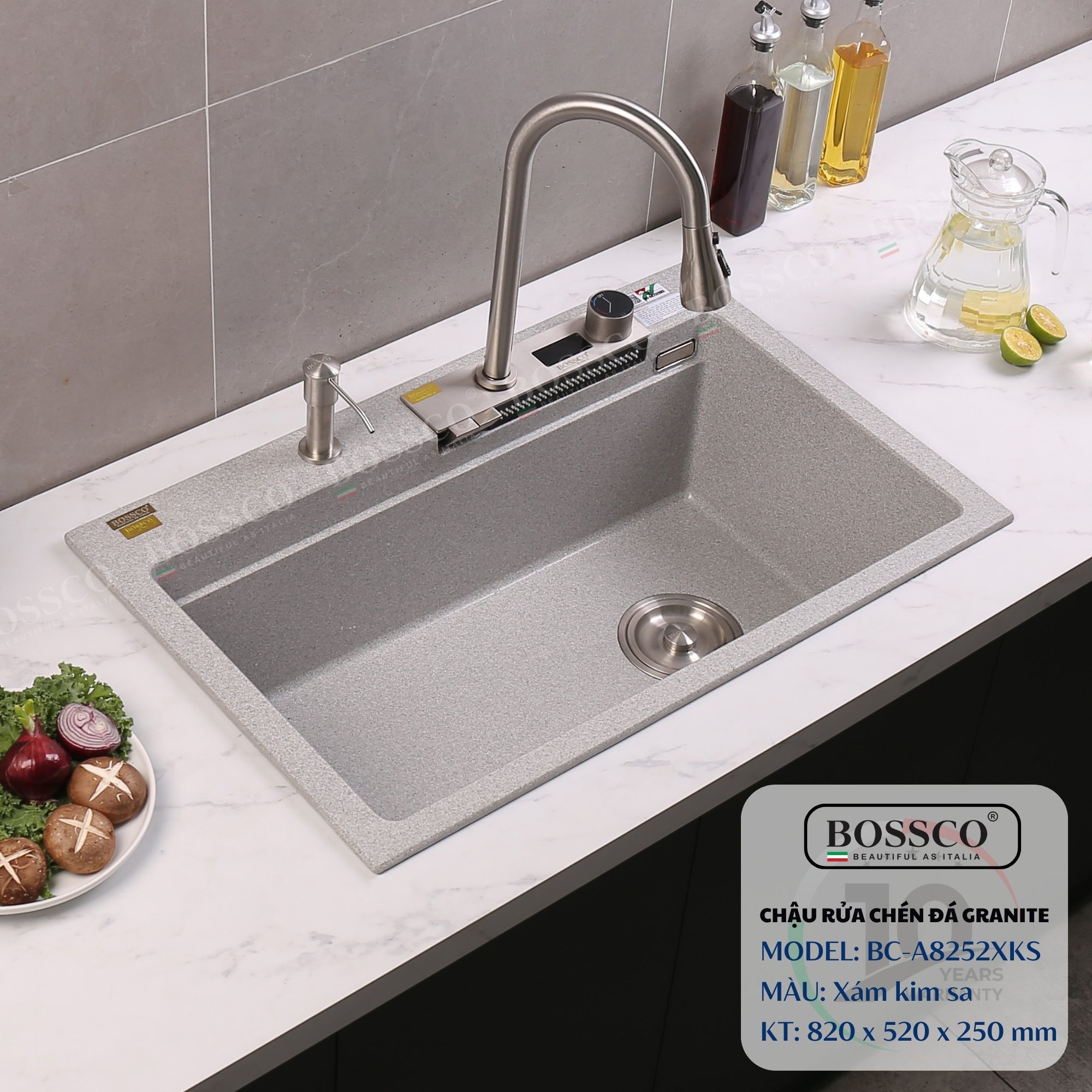 Chậu rửa chén đá Bossco BC-A8252XKS (Xám kim sa). KT : 820*520*250mm. 1 hộc, 2 phím đa năng