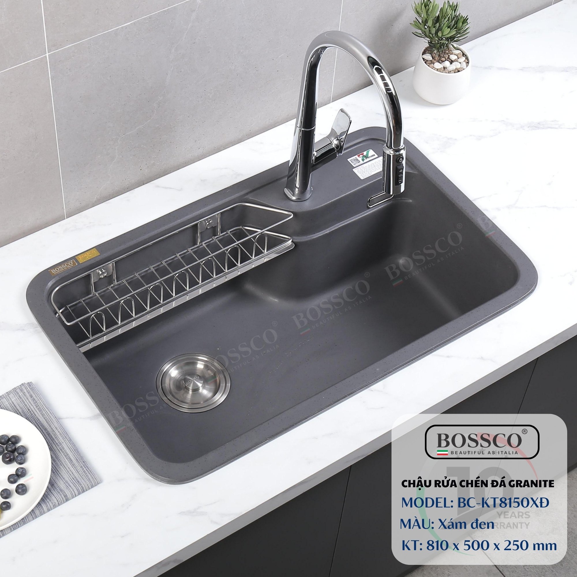 Chậu rửa chén đá 1 hộc Bossco BC-KT8150XĐ( Xám đen). KT : 810*500*250mm. 